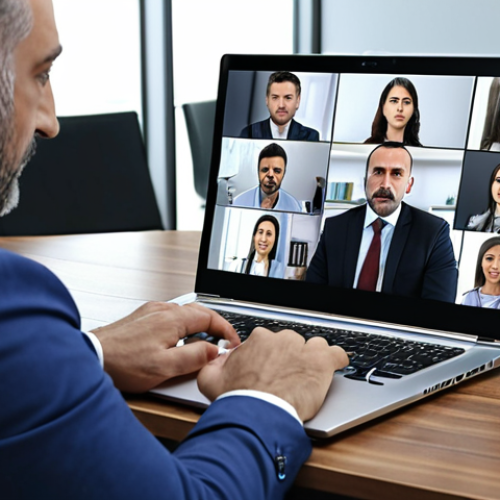 Home 11 **Seamless Video Conference:** A professional using a laptop for a video conference, highlighting the clarity and uninterrupted flow of the meeting. Focus on a modern office setting in Turkey.
