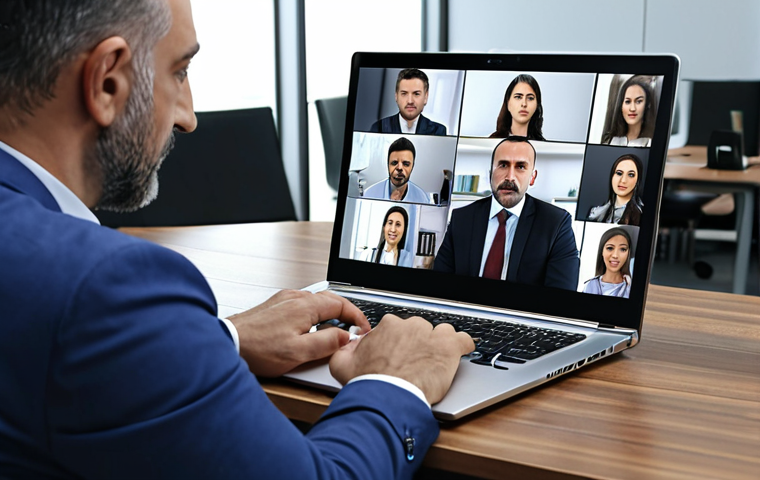**Seamless Video Conference:** A professional using a laptop for a video conference, highlighting the clarity and uninterrupted flow of the meeting. Focus on a modern office setting in Turkey.