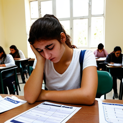 Home 6 **
*Prompt:* A student in a brightly lit exam hall, stressed and overwhelmed, looking at the clock. Papers are scattered around. The scene captures the feeling of time slipping away during a Turkish university entrance exam (*Yükseköğretim Kurumları Sınavı* - YKS). Include elements like a Turkish ID card ( *Kimlik Kartı*) on the desk and maybe a *simit* wrapper nearby. Style: Realistic, slightly anxious atmosphere.
**